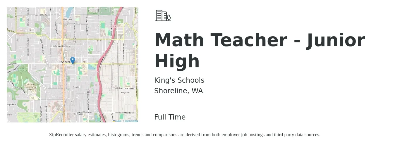 King's Schools job posting for a Math Teacher - Junior High in Shoreline, WA with a salary of $50,000 to $93,888 Yearly with a map of Shoreline location.