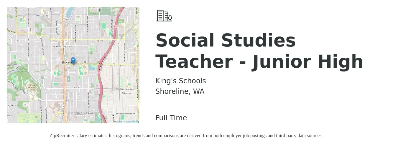 King's Schools job posting for a Social Studies Teacher - Junior High in Shoreline, WA with a salary of $50,000 to $93,888 Yearly with a map of Shoreline location.