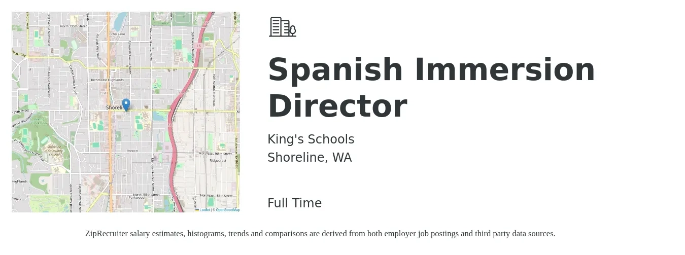 King's Schools job posting for a Spanish Immersion Director in Shoreline, WA with a salary of $67,725 to $80,000 Yearly with a map of Shoreline location.