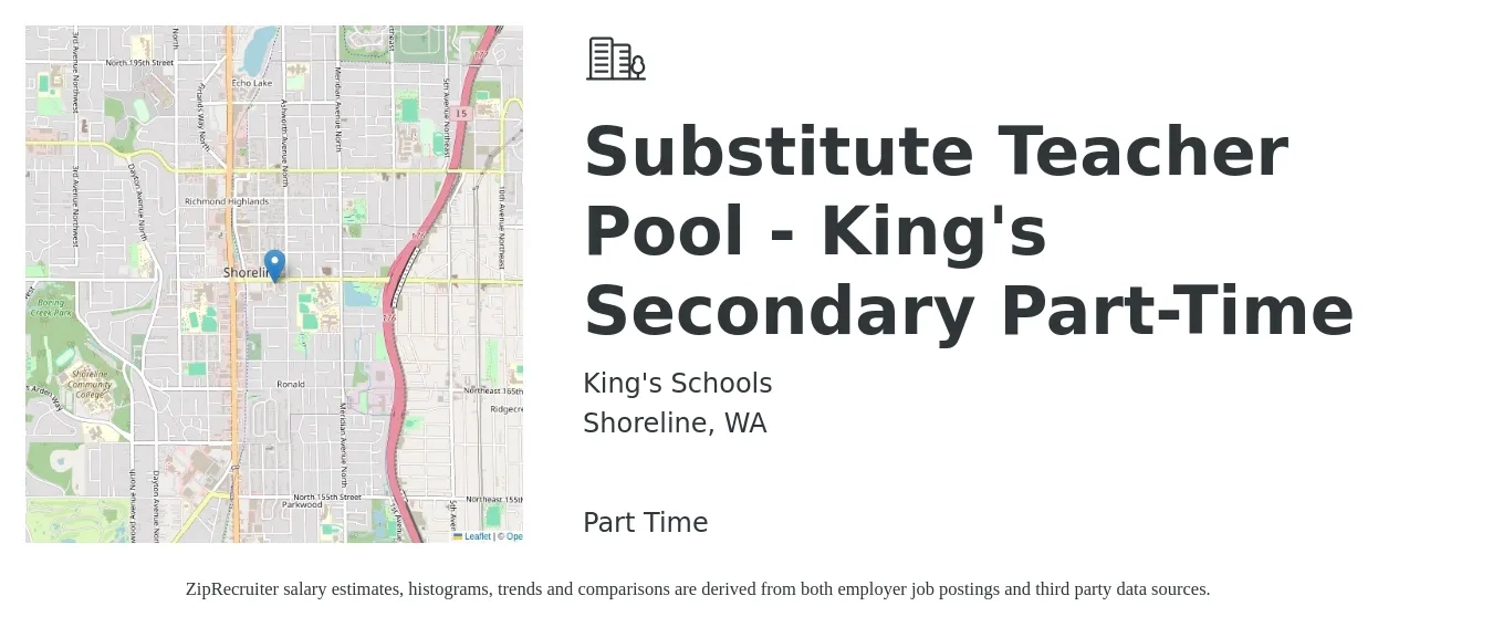 King's Schools job posting for a Substitute Teacher Pool - King's Secondary Part-Time in Shoreline, WA with a salary of $28 to $28 Hourly with a map of Shoreline location.
