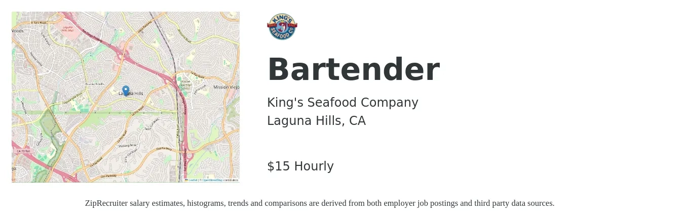 King's Seafood Company job posting for a Bartender in Laguna Hills, CA with a salary of $16 Hourly with a map of Laguna Hills location.