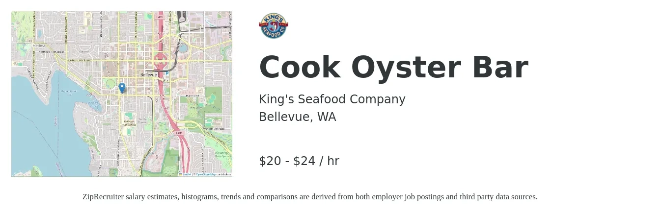 King's Seafood Company job posting for a Cook Oyster Bar in Bellevue, WA with a salary of $21 to $25 Hourly with a map of Bellevue location.