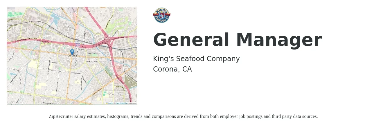 King's Seafood Company job posting for a General Manager in Corona, CA with a salary of $51,200 to $76,500 Yearly with a map of Corona location.