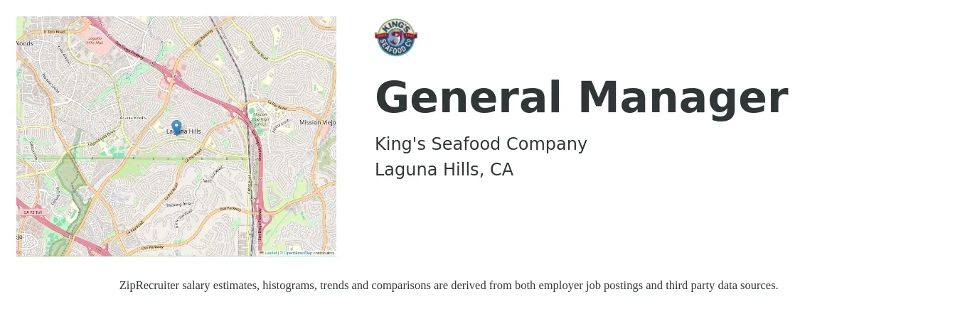 King's Seafood Company job posting for a General Manager in Laguna Hills, CA with a salary of $52,800 to $78,900 Yearly with a map of Laguna Hills location.