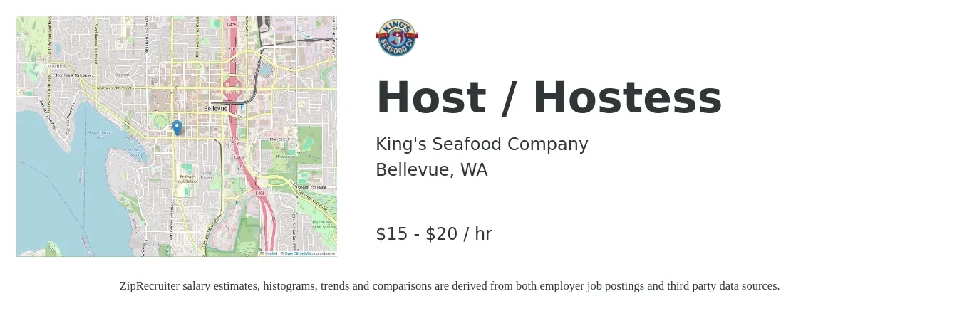 King's Seafood Company job posting for a Host / Hostess in Bellevue, WA with a salary of $16 to $21 Hourly with a map of Bellevue location.