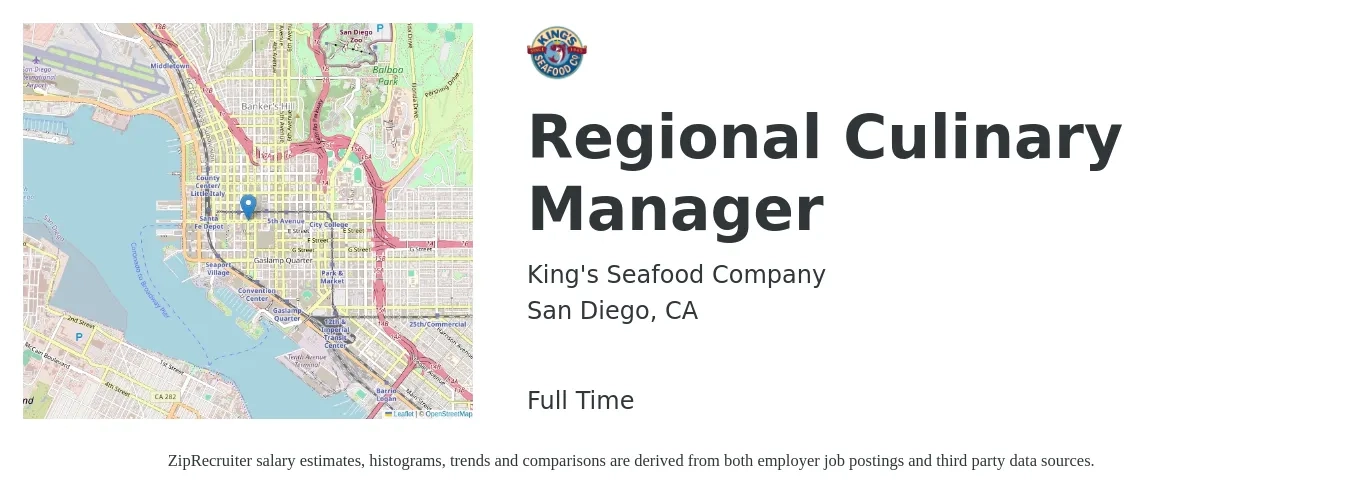 King's Seafood Company job posting for a Regional Culinary Manager in San Diego, CA with a salary of $46,700 to $69,000 Yearly with a map of San Diego location.