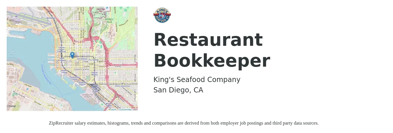 King's Seafood Company job posting for a Restaurant Bookkeeper in San Diego, CA with a salary of $22 to $30 Hourly with a map of San Diego location.