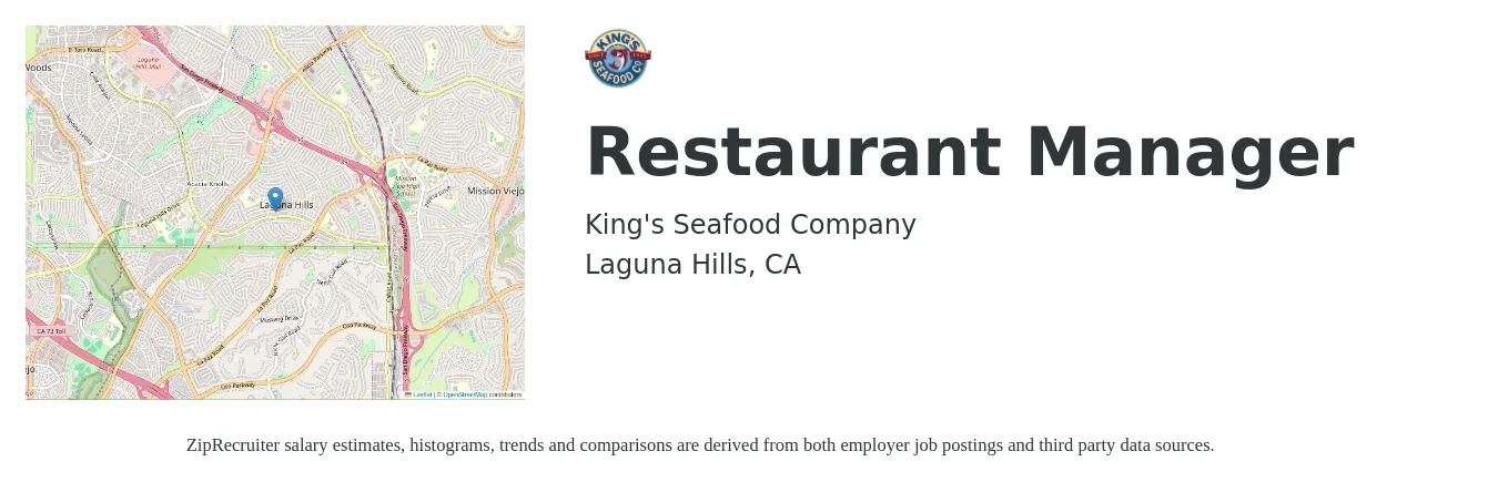 King's Seafood Company job posting for a Restaurant Manager in Laguna Hills, CA with a salary of $48,000 to $67,700 Yearly with a map of Laguna Hills location.