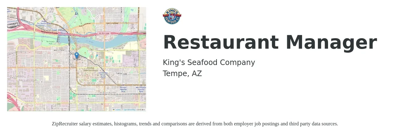 King's Seafood Company job posting for a Restaurant Manager in Tempe, AZ with a salary of $43,800 to $61,800 Yearly with a map of Tempe location.