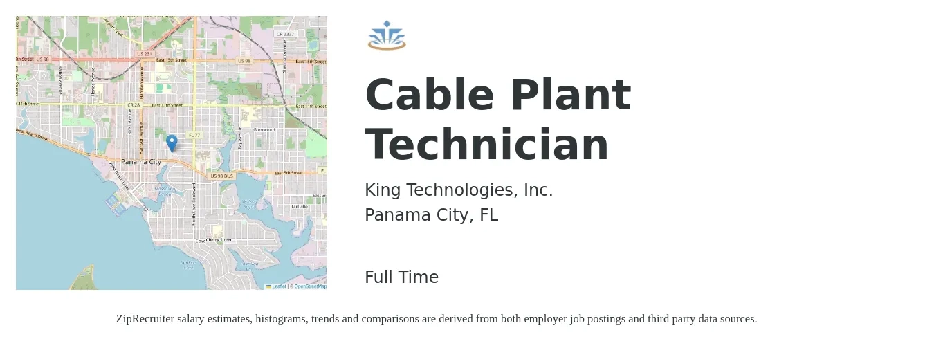 King Technologies, Inc. job posting for a Cable Plant Technician in Panama City, FL with a salary of $48,000 to $56,000 Yearly with a map of Panama City location.
