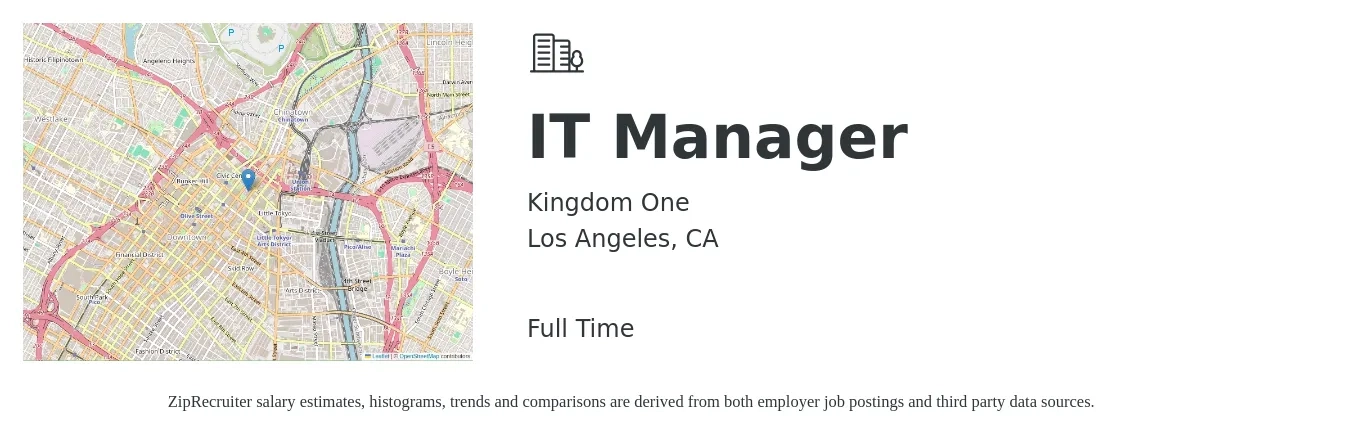 Kingdom One job posting for a IT Manager in Los Angeles, CA with a salary of $80,000 to $100,000 Yearly with a map of Los Angeles location.
