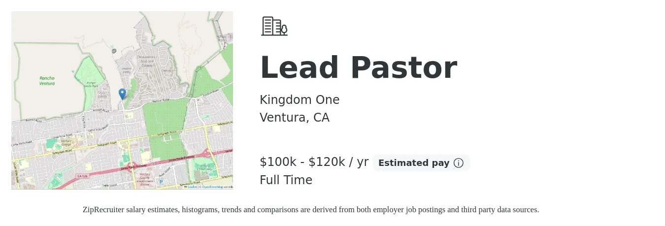 Kingdom One job posting for a Lead Pastor in Ventura, CA with a salary of $100,000 to $120,000 Yearly with a map of Ventura location.