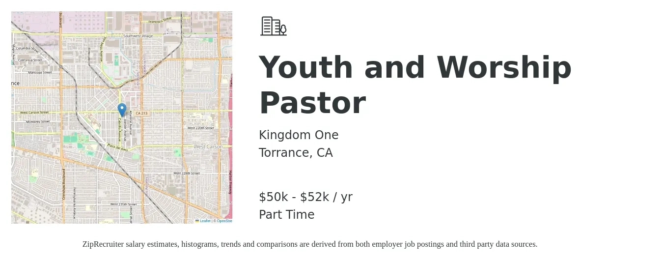 Kingdom One job posting for a Youth and Worship Pastor in Torrance, CA with a salary of $50,000 to $52,000 Yearly with a map of Torrance location.