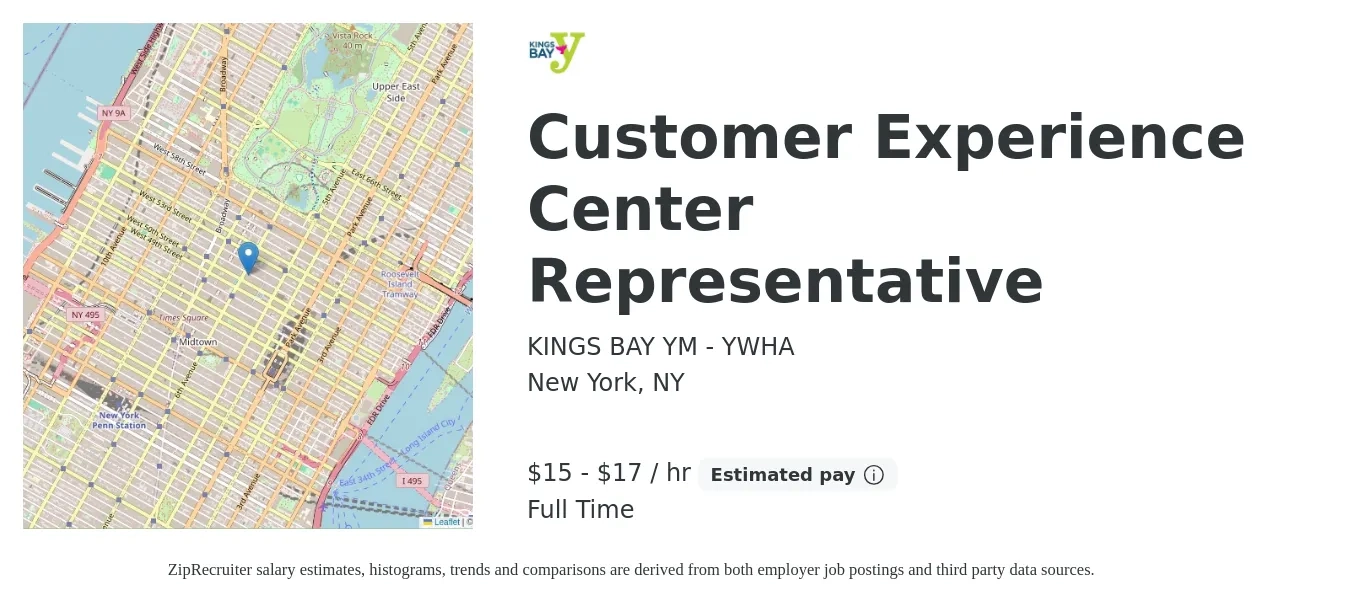 KINGS BAY YM - YWHA job posting for a Customer Experience Center Representative in New York, NY with a salary of $16 to $18 Hourly with a map of New York location.