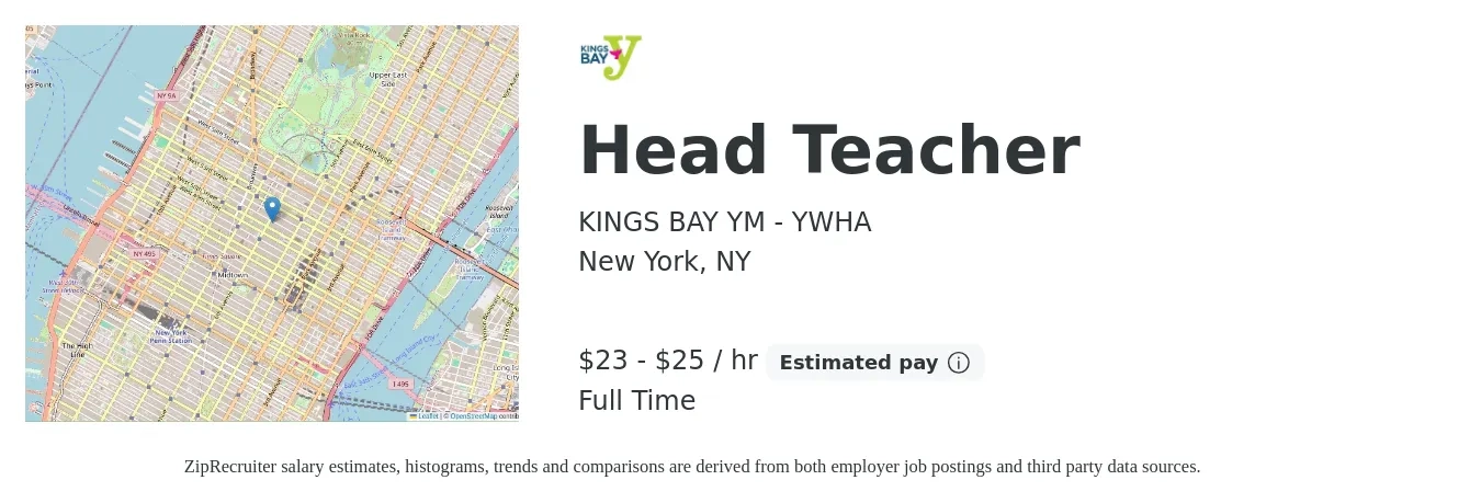 KINGS BAY YM - YWHA job posting for a Head Teacher in New York, NY with a salary of $24 to $27 Hourly with a map of New York location.