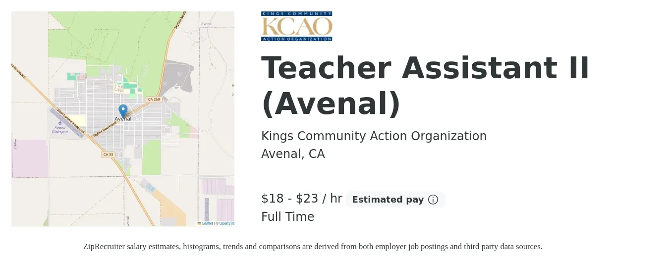 Kings Community Action Organization job posting for a Teacher Assistant II (Avenal) in Avenal, CA with a salary of $19 to $25 Hourly with a map of Avenal location.