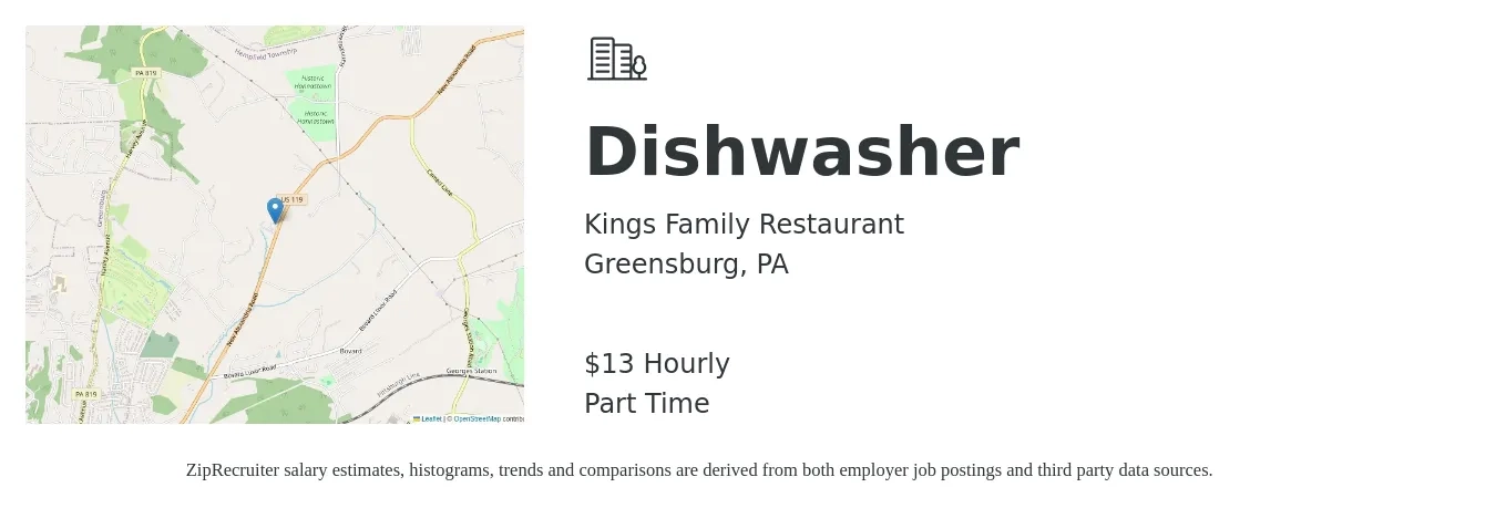 Kings Family Restaurant job posting for a Dishwasher in Greensburg, PA with a salary of $14 Hourly with a map of Greensburg location.