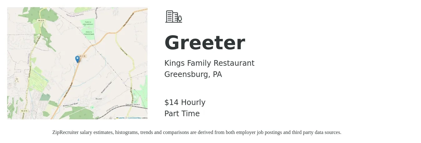 Kings Family Restaurant job posting for a Greeter in Greensburg, PA with a salary of $14 Hourly with a map of Greensburg location.