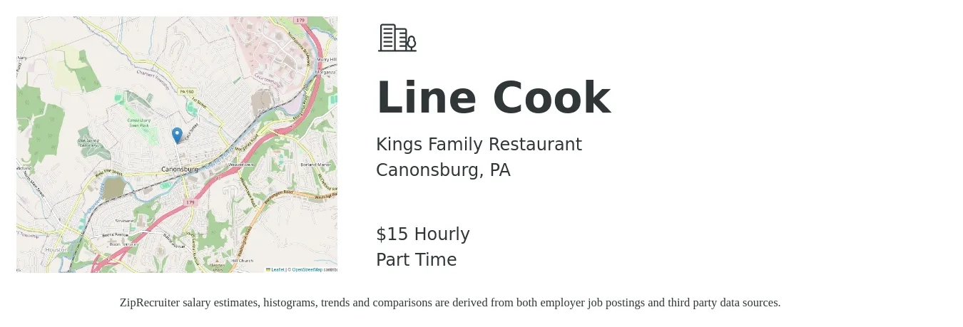 Kings Family Restaurant job posting for a Line Cook in Canonsburg, PA with a salary of $14 to $18 Hourly with a map of Canonsburg location.