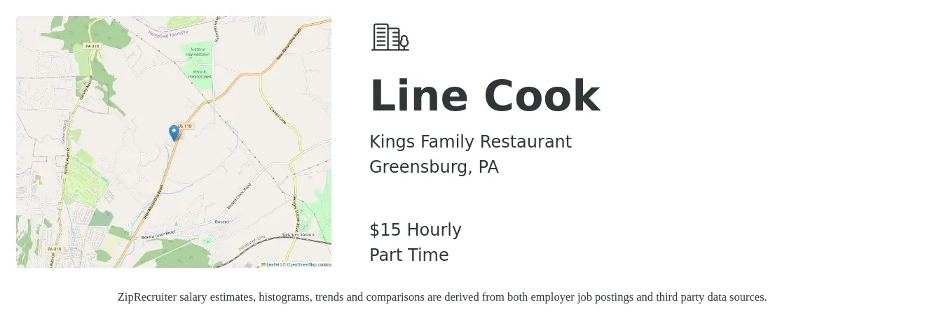 Kings Family Restaurant job posting for a Line Cook in Greensburg, PA with a salary of $16 Hourly with a map of Greensburg location.
