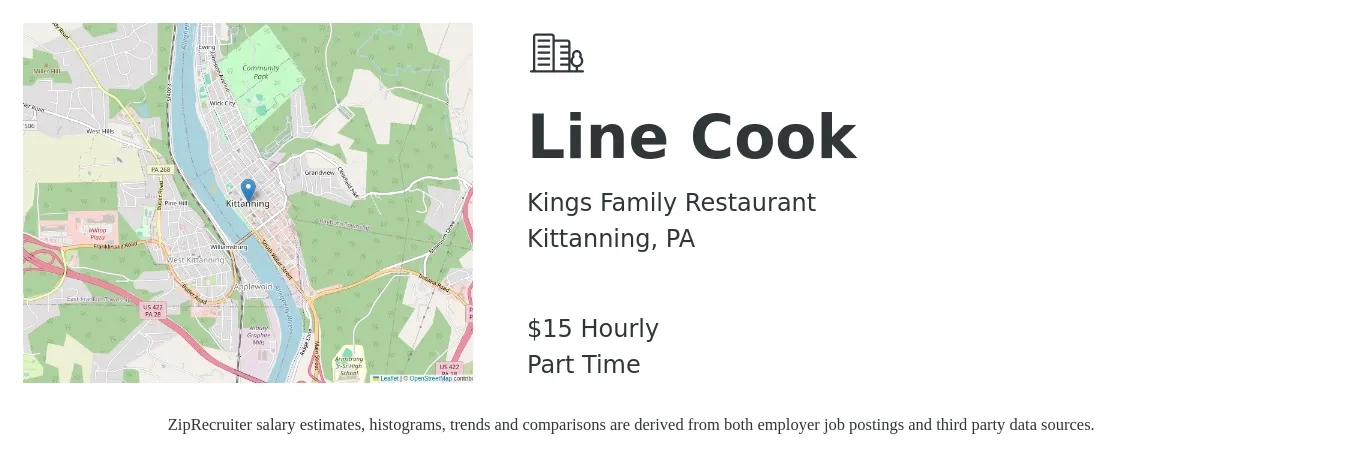 Kings Family Restaurant job posting for a Line Cook in Kittanning, PA with a salary of $19 Hourly with a map of Kittanning location.