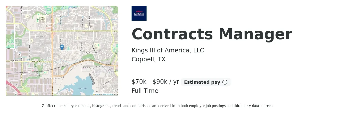 Kings III of America, LLC job posting for a Contracts Manager in Coppell, TX with a salary of $82,700 to $110,600 Yearly with a map of Coppell location.