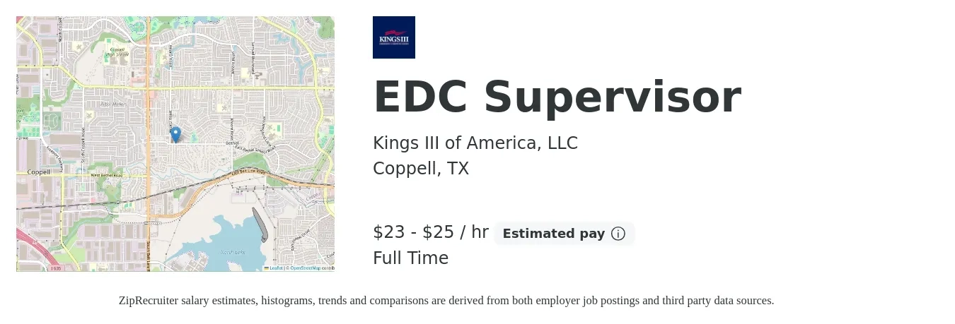 Kings III of America, LLC job posting for a EDC Supervisor in Coppell, TX with a salary of $21 to $35 Hourly with a map of Coppell location.