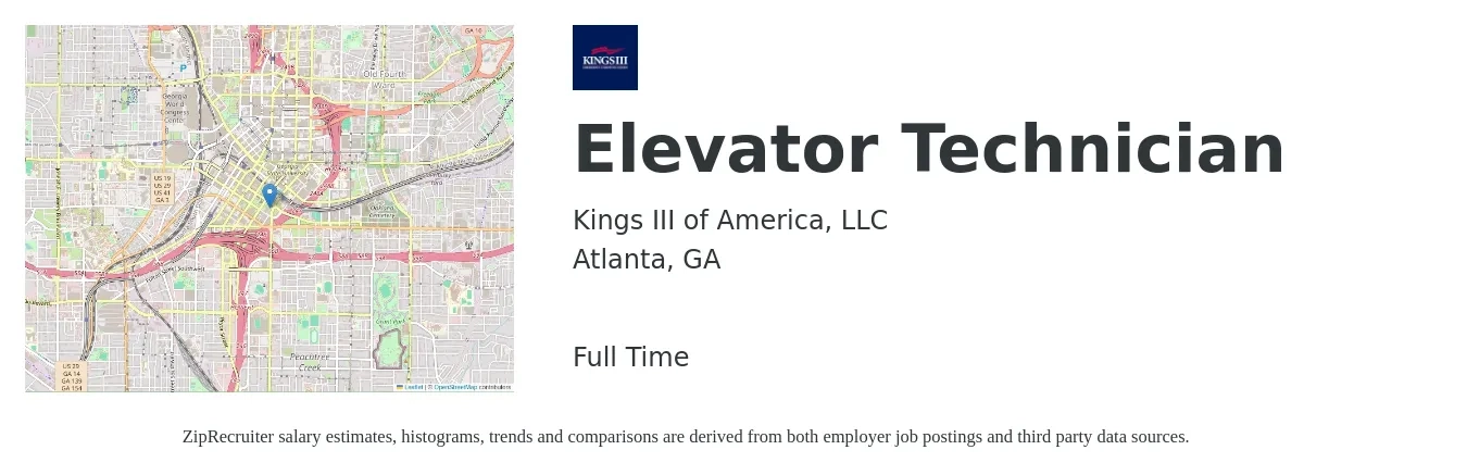 Kings III of America, LLC job posting for a Elevator Technician in Atlanta, GA with a salary of $23 to $45 Hourly with a map of Atlanta location.