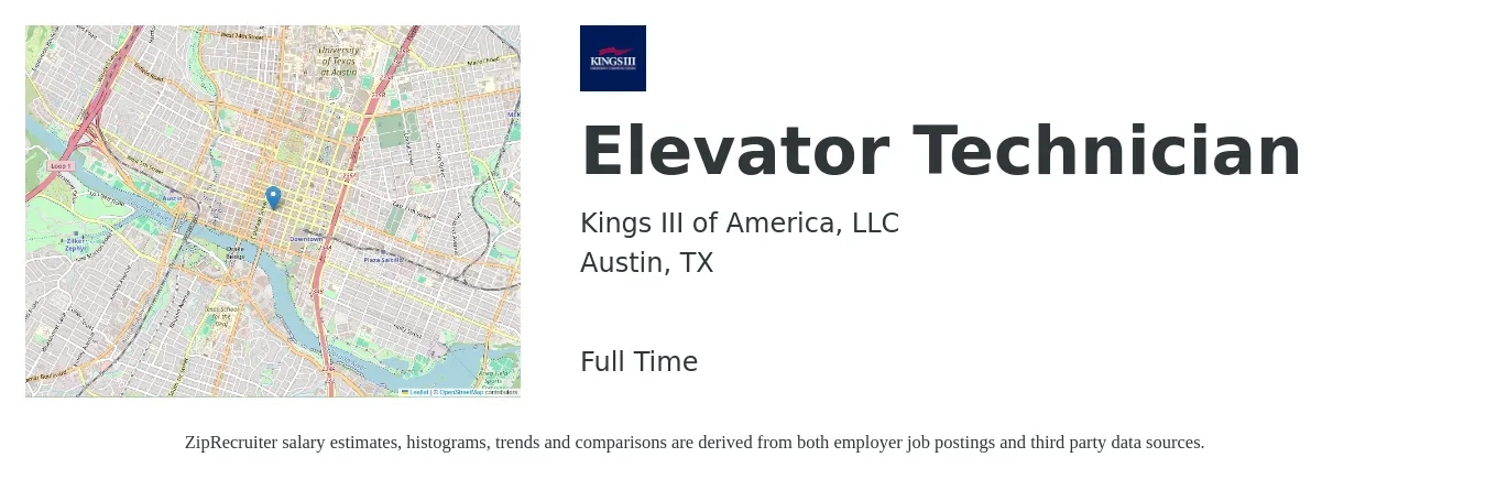 Kings III of America, LLC job posting for a Elevator Technician in Austin, TX with a salary of $24 to $46 Hourly with a map of Austin location.