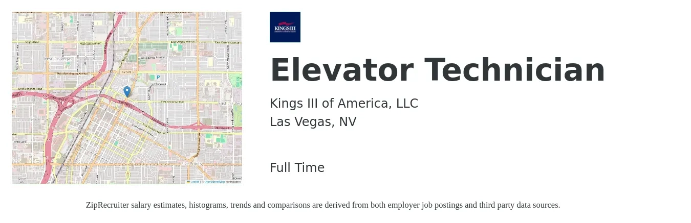 Kings III of America, LLC job posting for a Elevator Technician in Las Vegas, NV with a salary of $23 to $45 Hourly with a map of Las Vegas location.