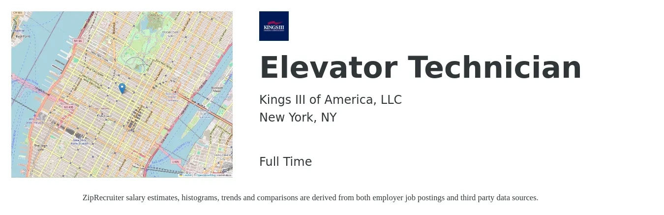 Kings III of America, LLC job posting for a Elevator Technician in New York, NY with a salary of $26 to $52 Hourly with a map of New York location.