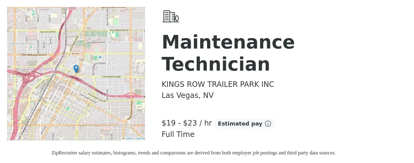 KINGS ROW TRAILER PARK INC job posting for a Maintenance Technician in Las Vegas, NV with a salary of $20 to $24 Hourly with a map of Las Vegas location.