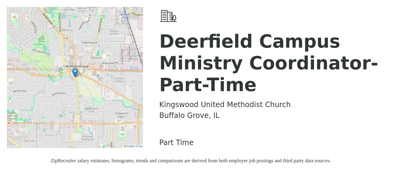 Kingswood United Methodist Church job posting for a Deerfield Campus Ministry Coordinator- Part-Time in Buffalo Grove, IL with a salary of $41,000 to $68,200 Yearly with a map of Buffalo Grove location.