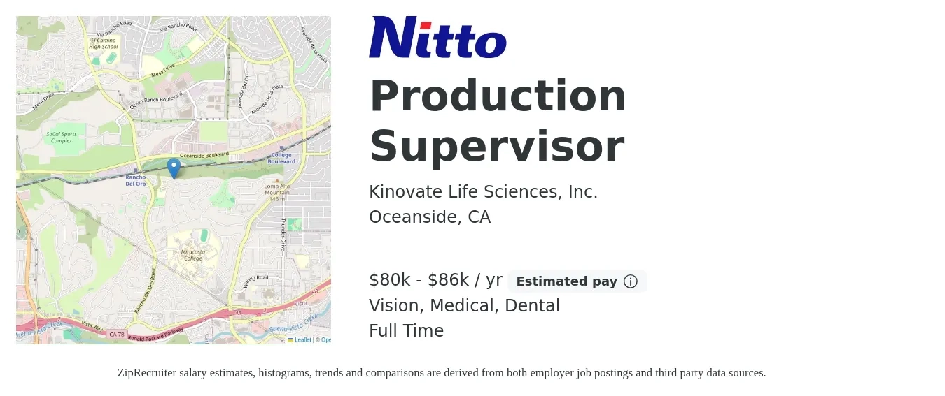 Kinovate Life Sciences, Inc. job posting for a Production Supervisor in Oceanside, CA with a salary of $80,000 to $86,000 Yearly and benefits including dental, life_insurance, medical, pto, retirement, and vision with a map of Oceanside location.