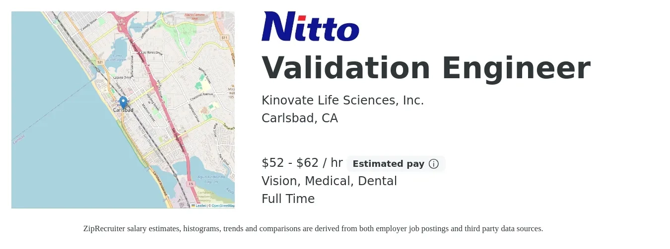 Kinovate Life Sciences, Inc. job posting for a Validation Engineer in Carlsbad, CA with a salary of $55 to $65 Hourly and benefits including dental, life_insurance, medical, pto, retirement, and vision with a map of Carlsbad location.