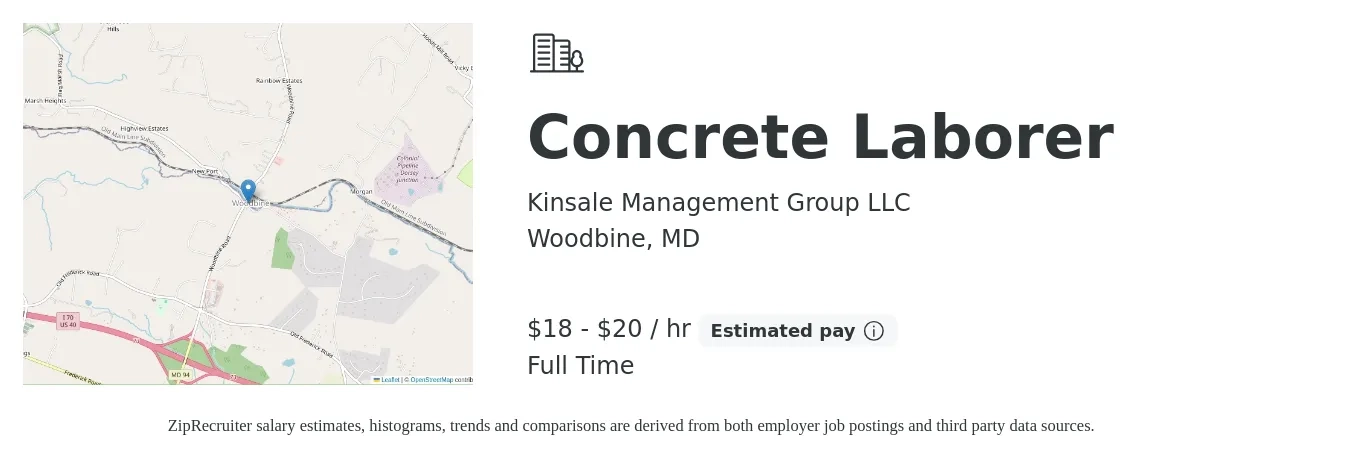 Kinsale Management Group LLC job posting for a Concrete Laborer in Woodbine, MD with a salary of $19 to $21 Hourly with a map of Woodbine location.