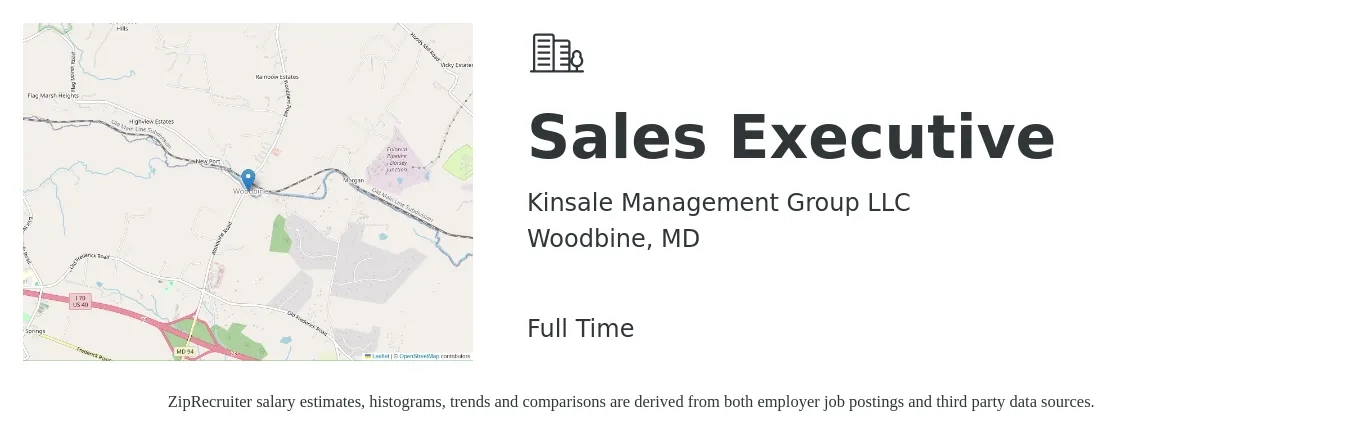 Kinsale Management Group LLC job posting for a Sales Executive in Woodbine, MD with a salary of $62,600 to $107,700 Yearly with a map of Woodbine location.