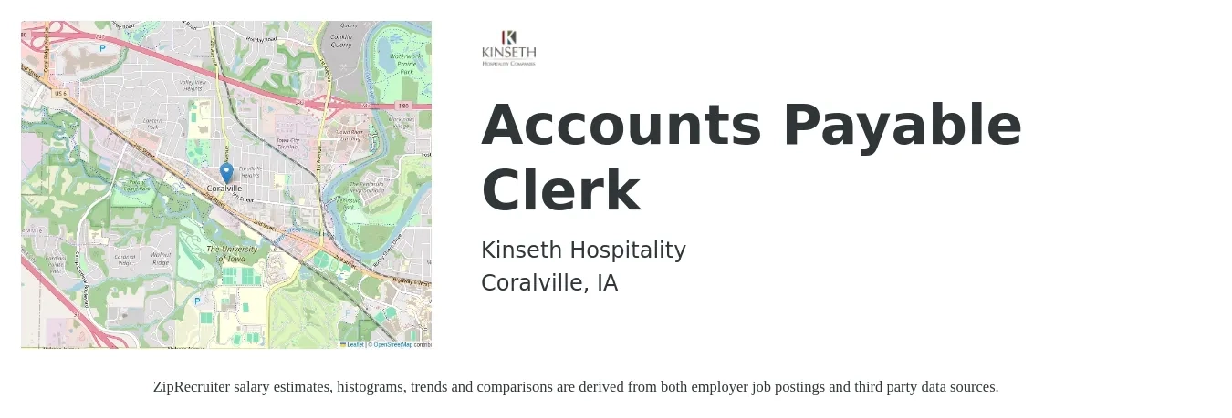 Kinseth Hospitality job posting for a Accounts Payable Clerk in Coralville, IA with a salary of $18 to $22 Hourly with a map of Coralville location.