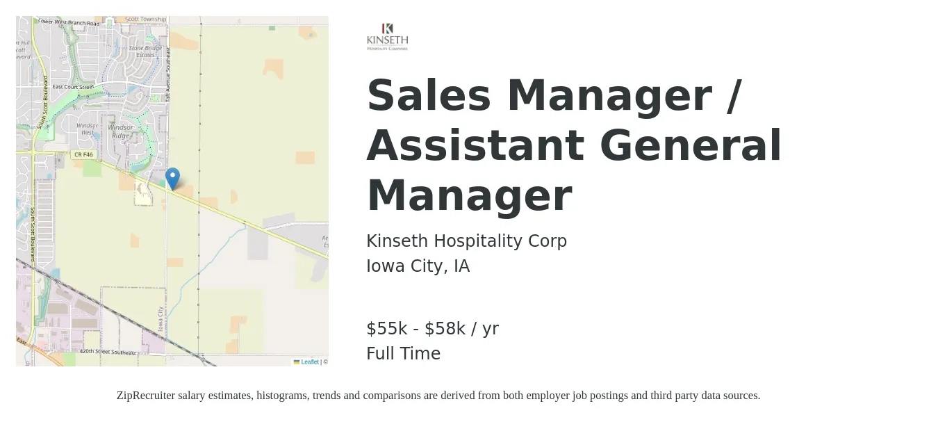 Kinseth Hospitality Corp job posting for a Sales Manager / Assistant General Manager in Iowa City, IA with a salary of $55,000 to $58,000 Yearly with a map of Iowa City location.