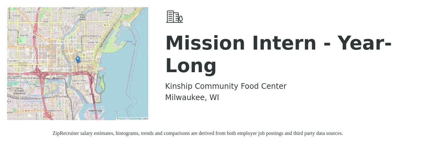 Kinship Community Food Center job posting for a Mission Intern - Year-Long in Milwaukee, WI with a salary of $15 to $20 Hourly with a map of Milwaukee location.