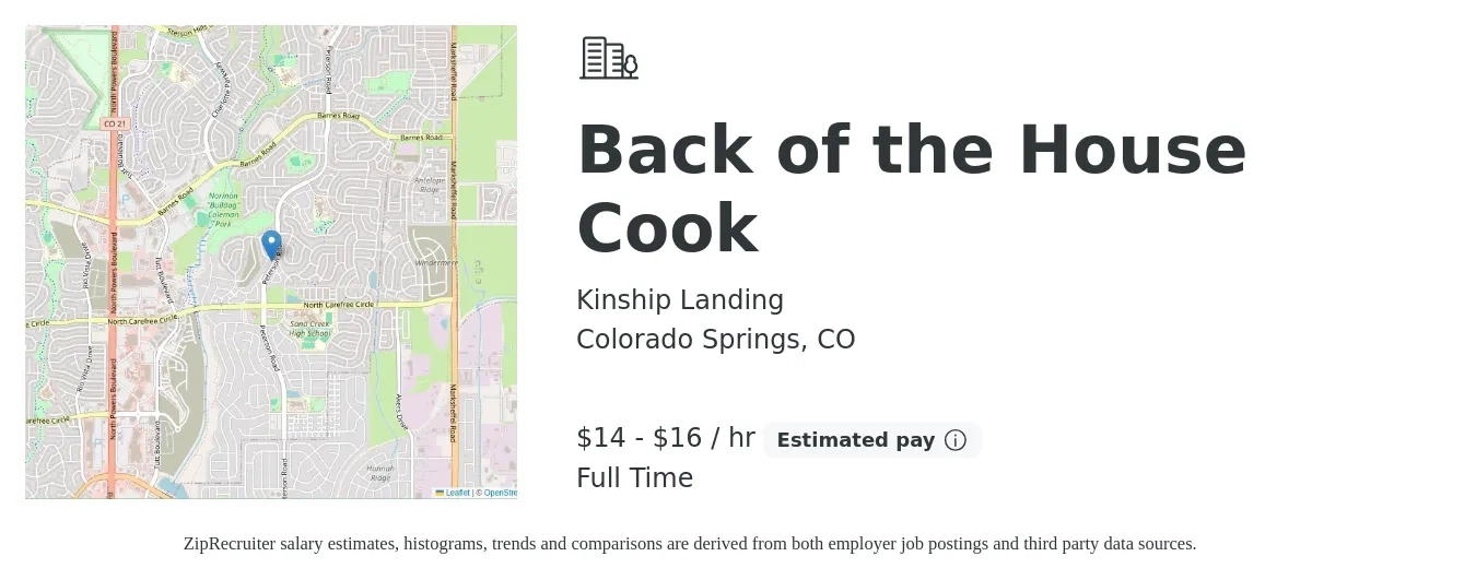 Kinship Landing job posting for a Back of the House Cook in Colorado Springs, CO with a salary of $15 to $17 Hourly with a map of Colorado Springs location.