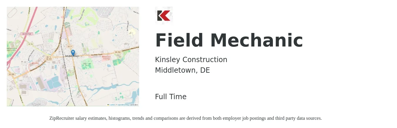 Kinsley Construction job posting for a Field Mechanic in Middletown, DE with a salary of $24 to $32 Hourly with a map of Middletown location.