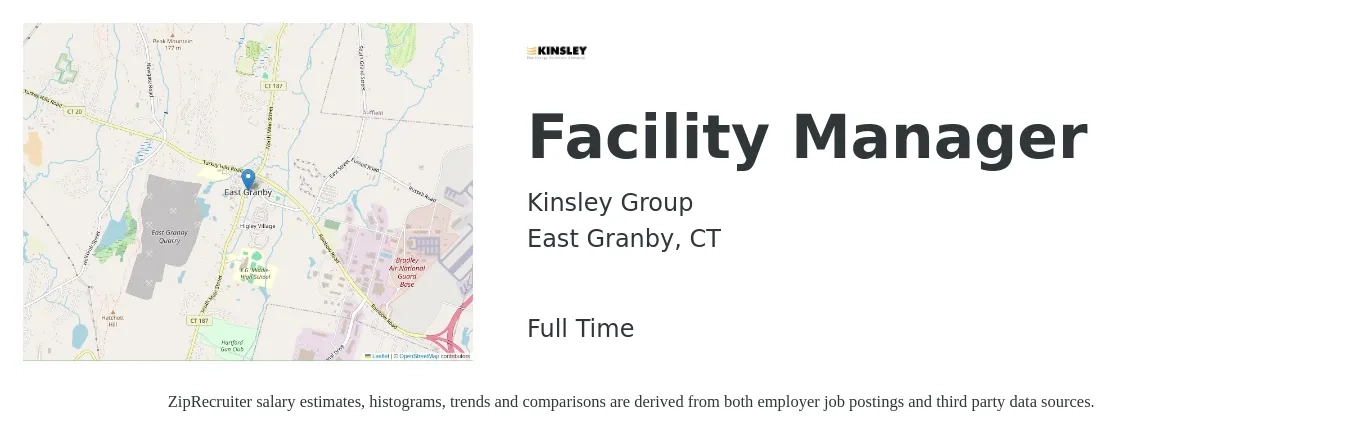 Kinsley Group job posting for a Facility Manager in East Granby, CT with a salary of $49,900 to $84,300 Yearly with a map of East Granby location.