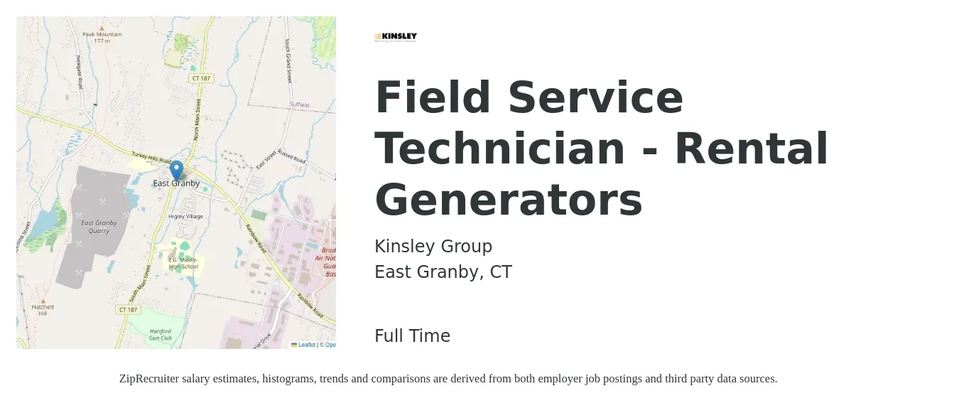 Kinsley Group job posting for a Field Service Technician - Rental Generators in East Granby, CT with a salary of $22 to $45 Hourly with a map of East Granby location.