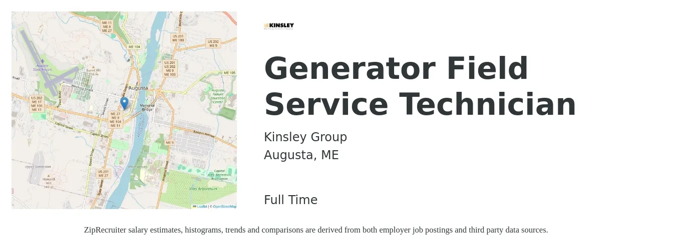 Kinsley Group job posting for a Generator Field Service Technician in Augusta, ME with a salary of $22 to $45 Hourly with a map of Augusta location.