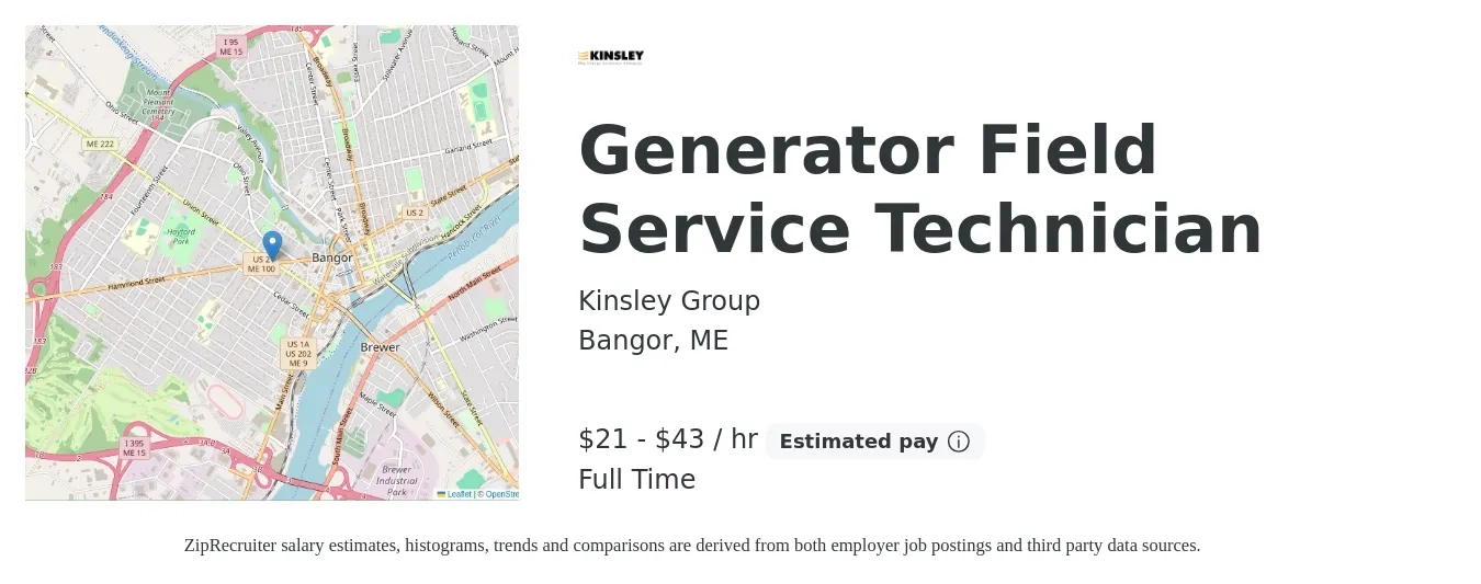 Kinsley Group job posting for a Generator Field Service Technician in Bangor, ME with a salary of $22 to $45 Hourly with a map of Bangor location.