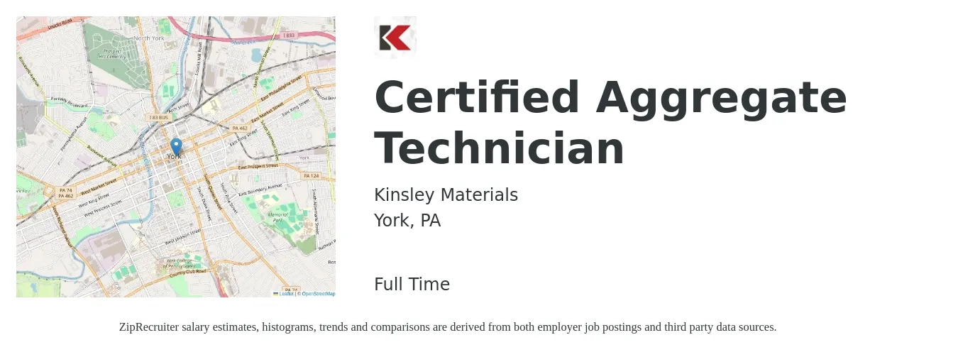 Kinsley Materials job posting for a Certified Aggregate Technician in York, PA with a salary of $17 to $22 Hourly with a map of York location.