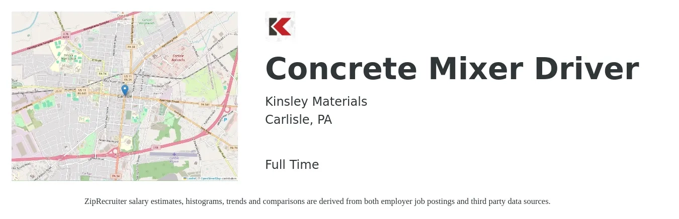 Kinsley Materials job posting for a Concrete Mixer Driver in Carlisle, PA with a salary of $20 to $25 Hourly with a map of Carlisle location.