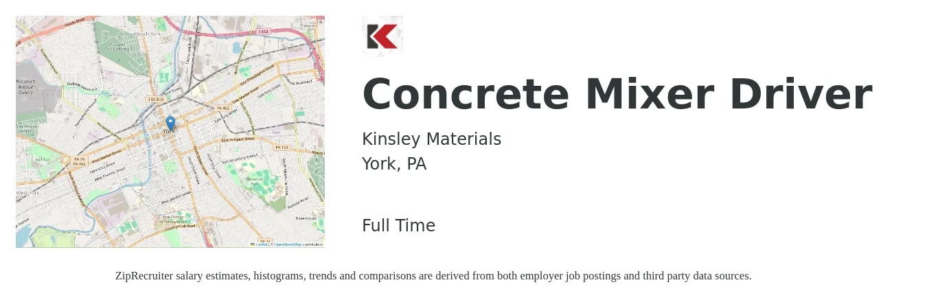 Kinsley Materials job posting for a Concrete Mixer Driver in York, PA with a salary of $20 to $25 Hourly with a map of York location.