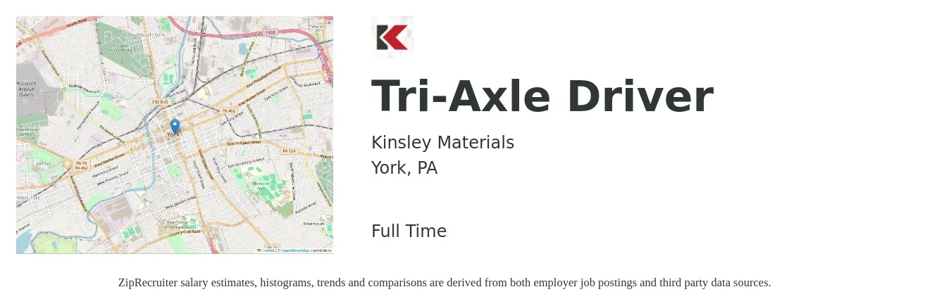 Kinsley Materials job posting for a Tri-Axle Driver in York, PA with a salary of $24 to $42 Hourly with a map of York location.